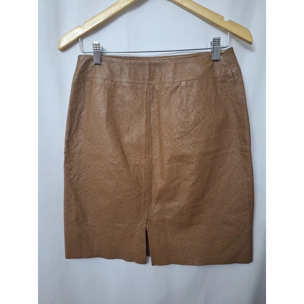Womens Vintage Ostrich Genuine Leather Mini Skirt Sz 5/6 Brown Y2K Mob Wife 90s